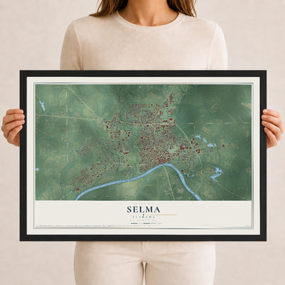 Map of Selma, Alabama, 12 x 18 inch print in a black wood frame