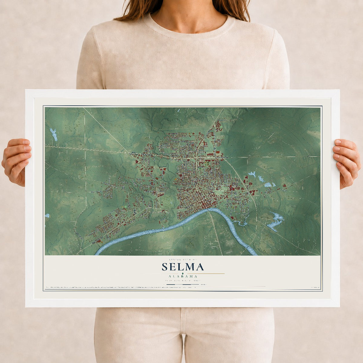 Map of Selma, Alabama, 12 x 18 inch print in a white wood frame