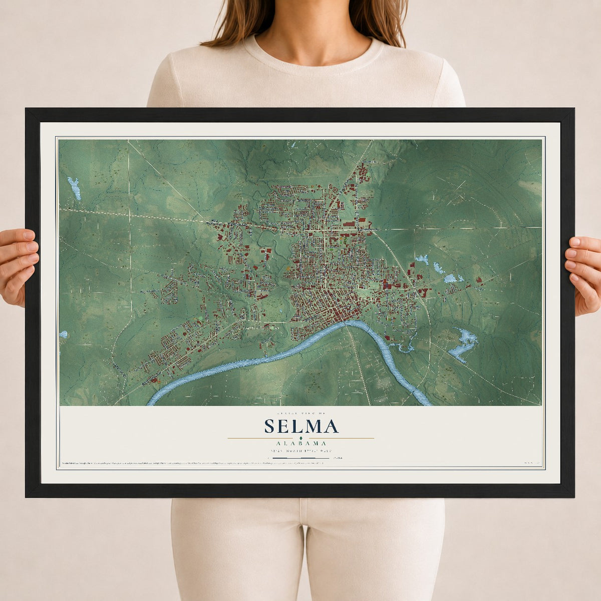 Map of Selma, Alabama, 18 x 24 inch print in a black wood frame