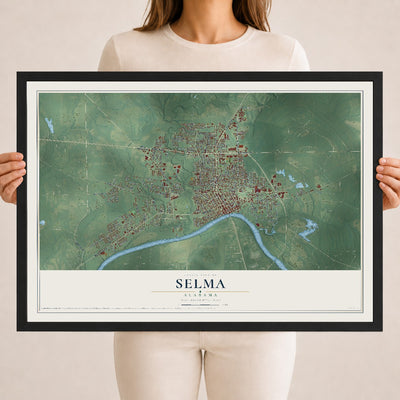 Map of Selma, Alabama, 18 x 24 inch print in a black wood frame