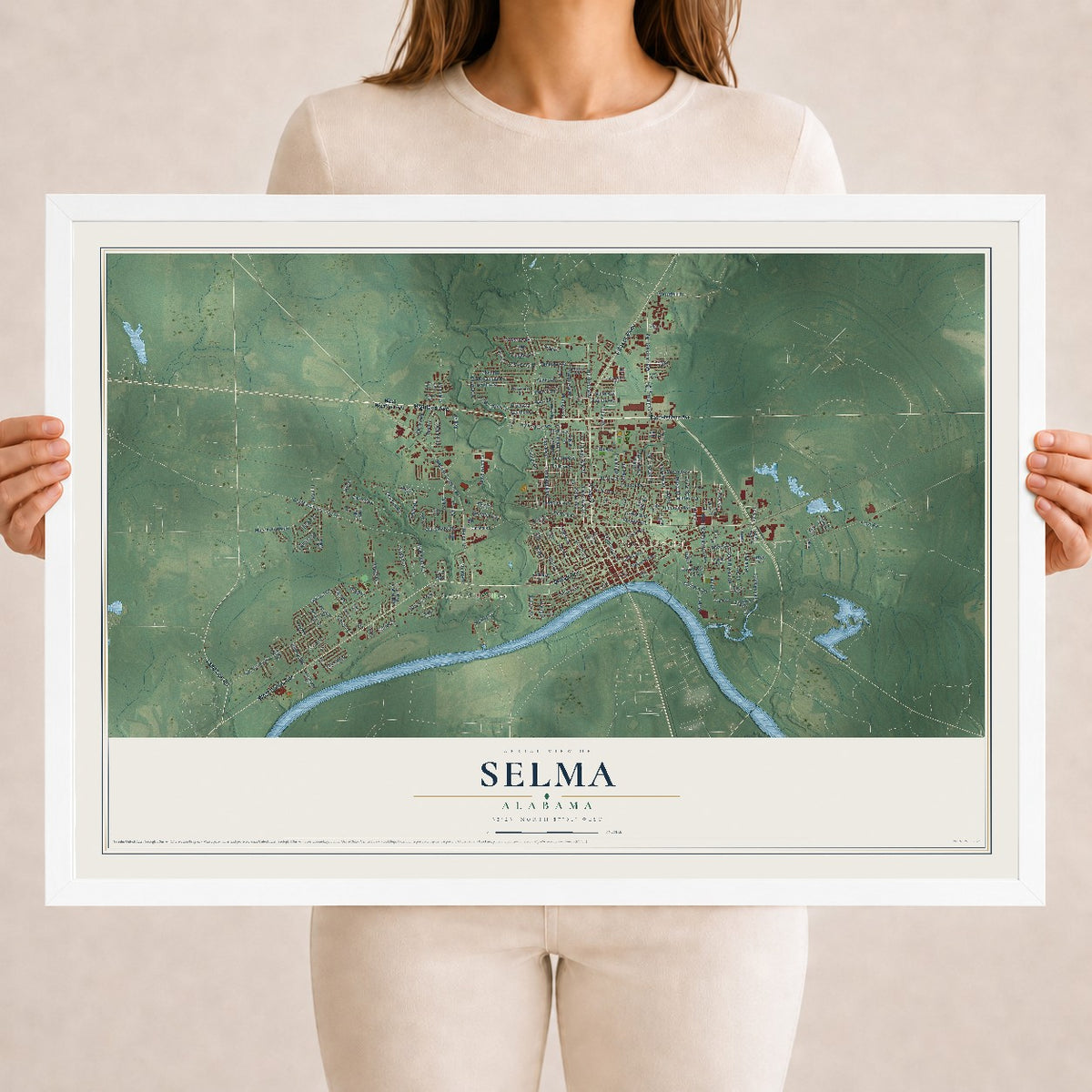 Map of Selma, Alabama, 18 x 24 inch print in a white wood frame