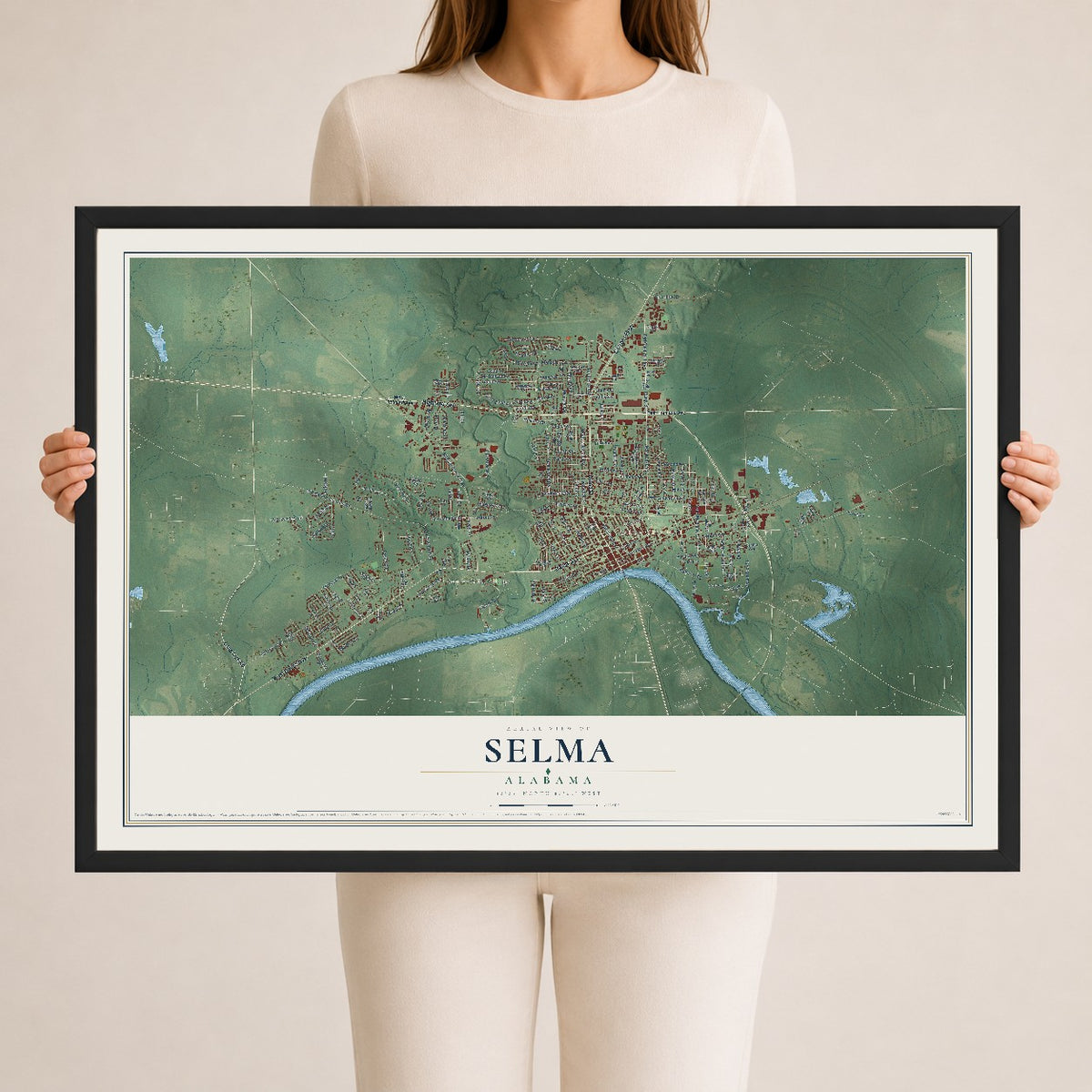Map of Selma, Alabama, 24 x 36 inch print in a black wood frame