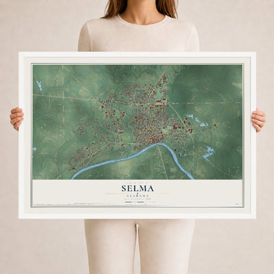 Map of Selma, Alabama, 24 x 36 inch print in a white wood frame