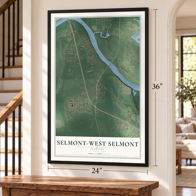 Selmont-West Selmont, Alabama map, 24 x 36 inch print in a black frame by a staircase