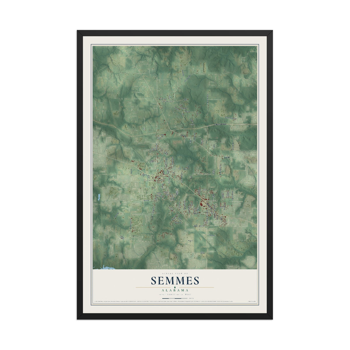 Map of Semmes, Alabama, 12 x 18 inch print in a black wood frame