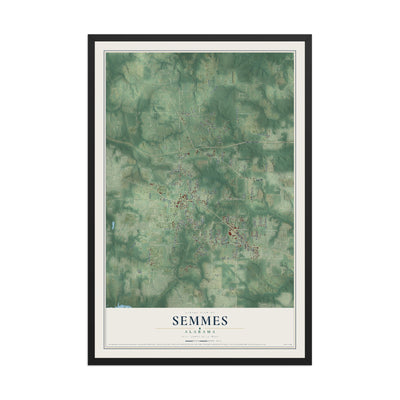 Map of Semmes, Alabama, 12 x 18 inch print in a black wood frame