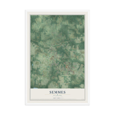 Map of Semmes, Alabama, 12 x 18 inch print in a white wood frame