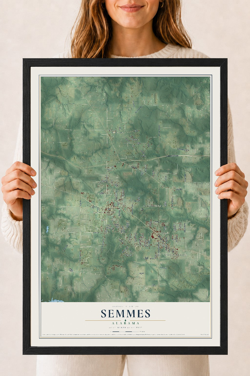 Map of Semmes, Alabama, 18 x 24 inch print in a black wood frame