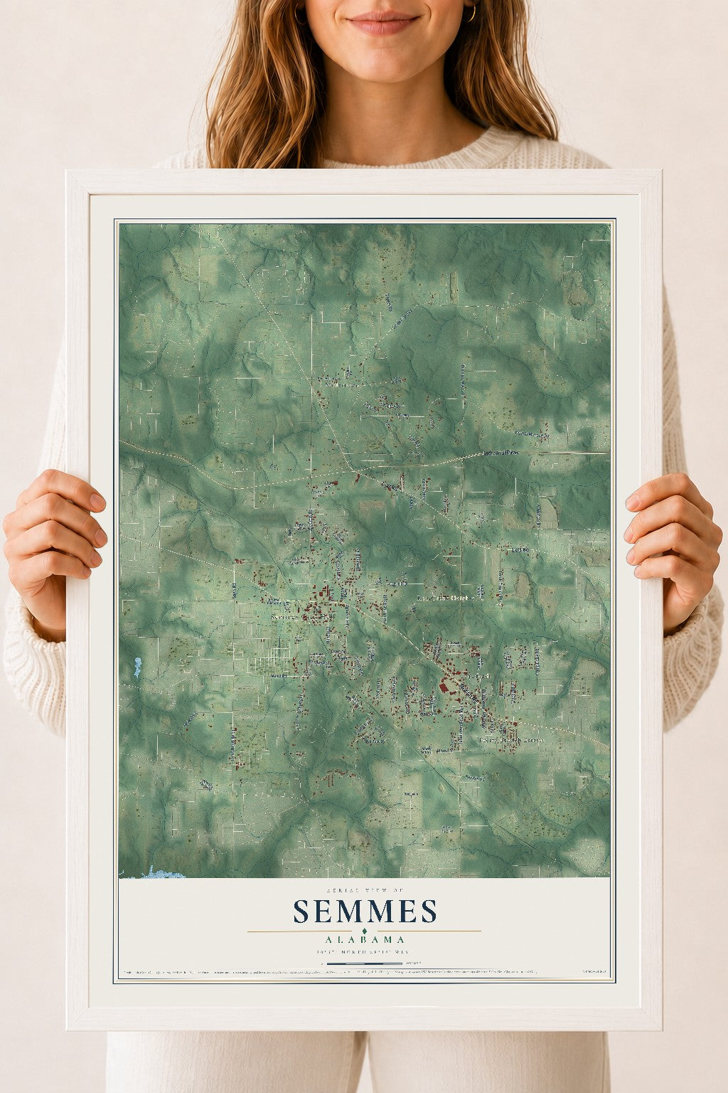 Map of Semmes, Alabama, 18 x 24 inch print in a white wood frame