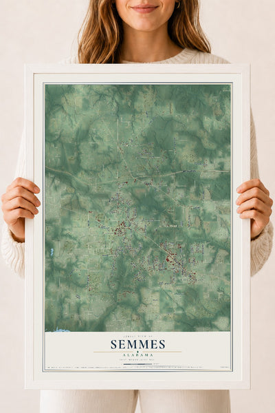Map of Semmes, Alabama, 18 x 24 inch print in a white wood frame