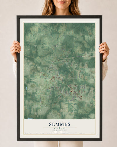 Map of Semmes, Alabama, 24 x 36 inch print in a black wood frame