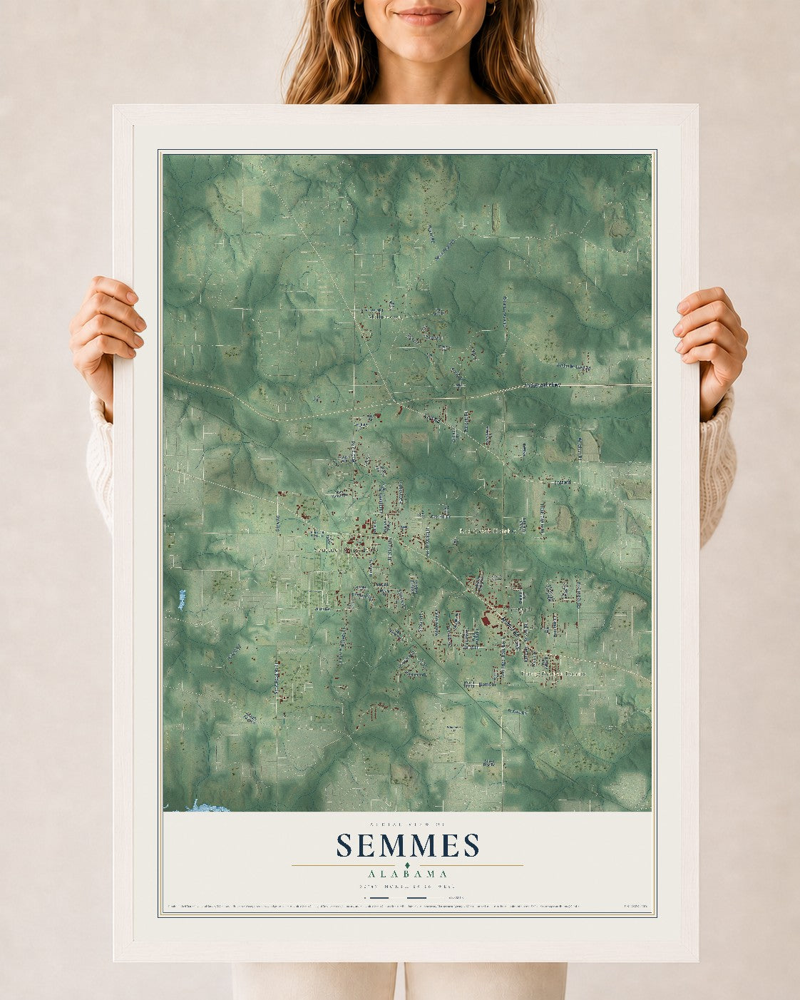 Map of Semmes, Alabama, 24 x 36 inch print in a white wood frame