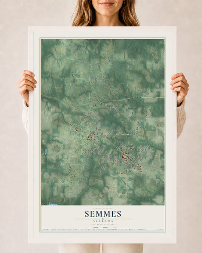 Map of Semmes, Alabama, 24 x 36 inch print in a white wood frame