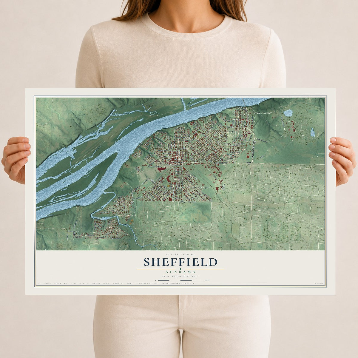 Map of Sheffield, Alabama, 12 x 18 inch unframed archival matte print