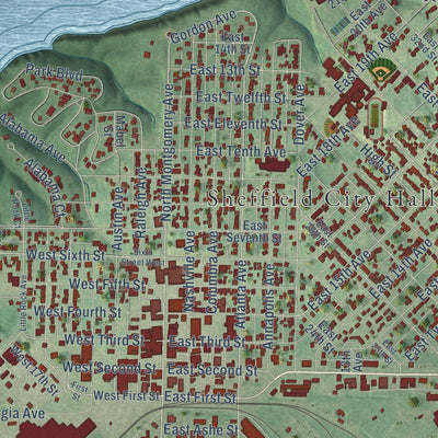 Close-up of the map of Sheffield, Alabama print showing street and building detail