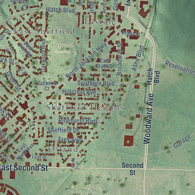 Second close-up of the map of Sheffield, Alabama print showing more streets and buildings