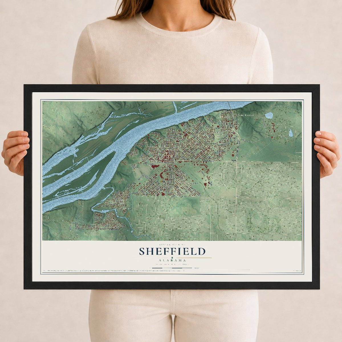 Map of Sheffield, Alabama, 12 x 18 inch print in a black wood frame