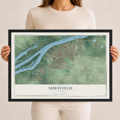 Map of Sheffield, Alabama, 12 x 18 inch print in a black wood frame