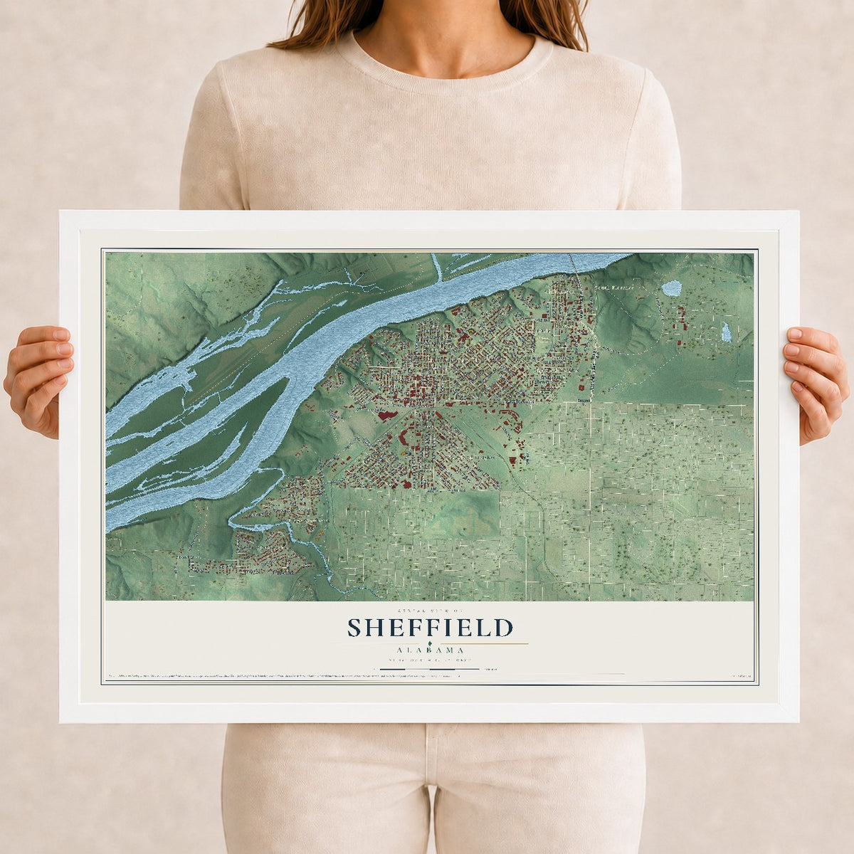 Map of Sheffield, Alabama, 12 x 18 inch print in a white wood frame