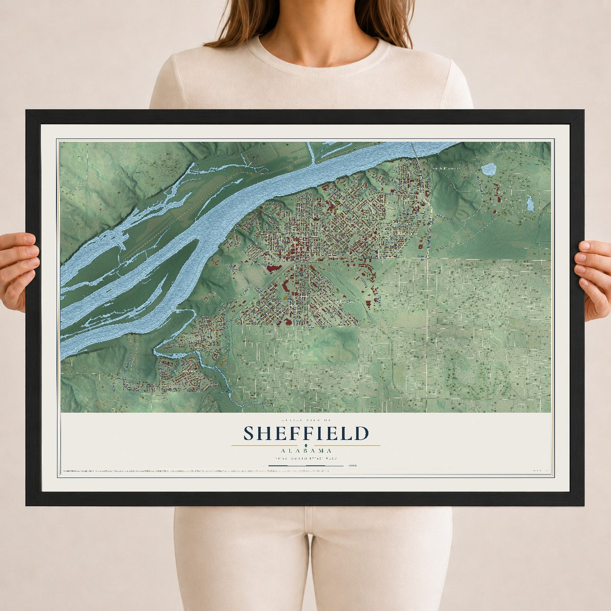Map of Sheffield, Alabama, 18 x 24 inch print in a black wood frame