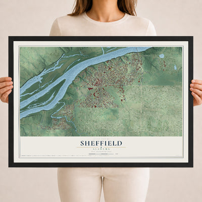 Map of Sheffield, Alabama, 18 x 24 inch print in a black wood frame