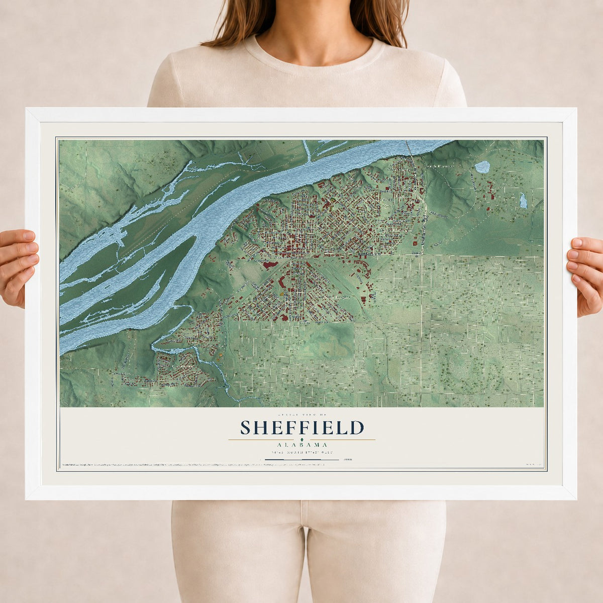 Map of Sheffield, Alabama, 18 x 24 inch print in a white wood frame