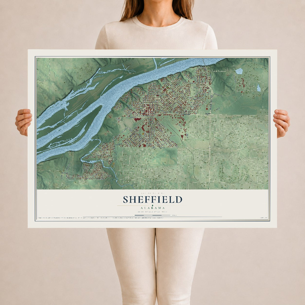 Map of Sheffield, Alabama, 24 x 36 inch unframed archival matte print