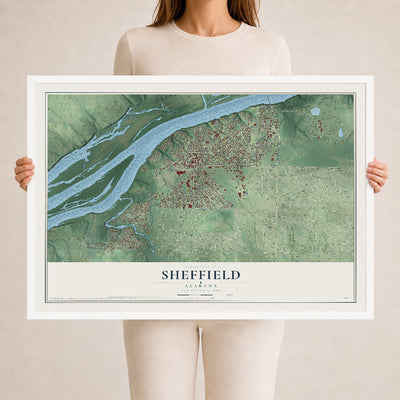 Map of Sheffield, Alabama, 24 x 36 inch print in a white wood frame