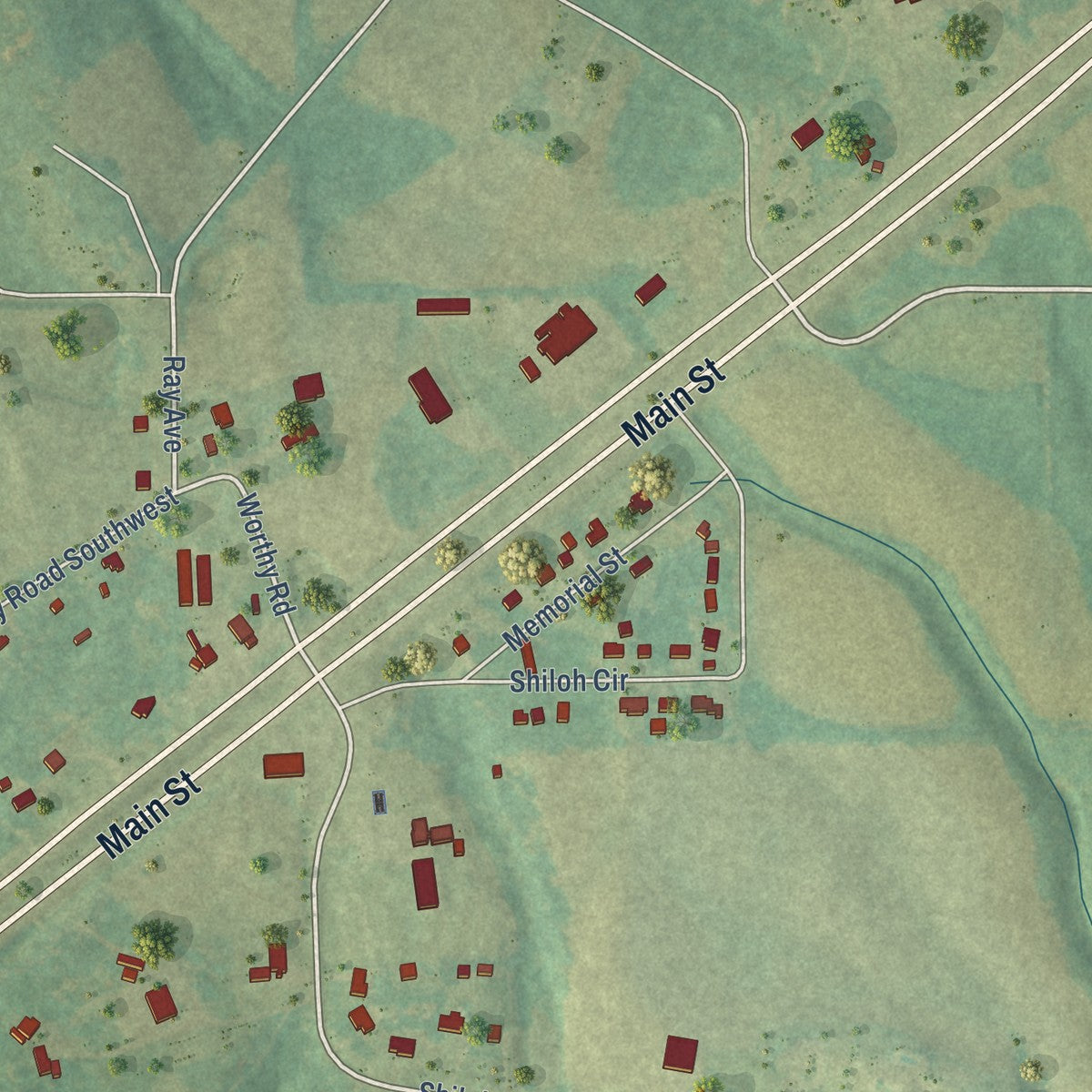 Close-up of the map of Shiloh, Alabama print showing street and building detail