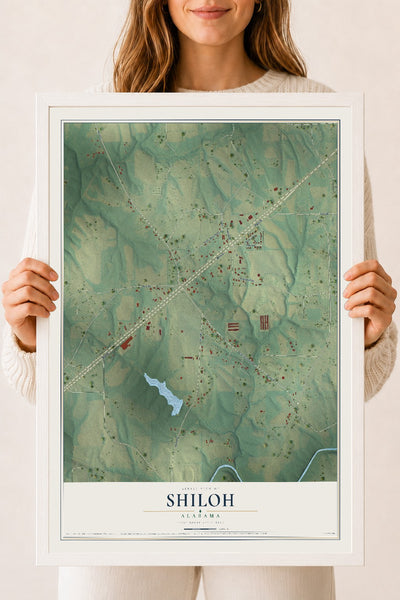 Map of Shiloh, Alabama, 18 x 24 inch print in a white wood frame