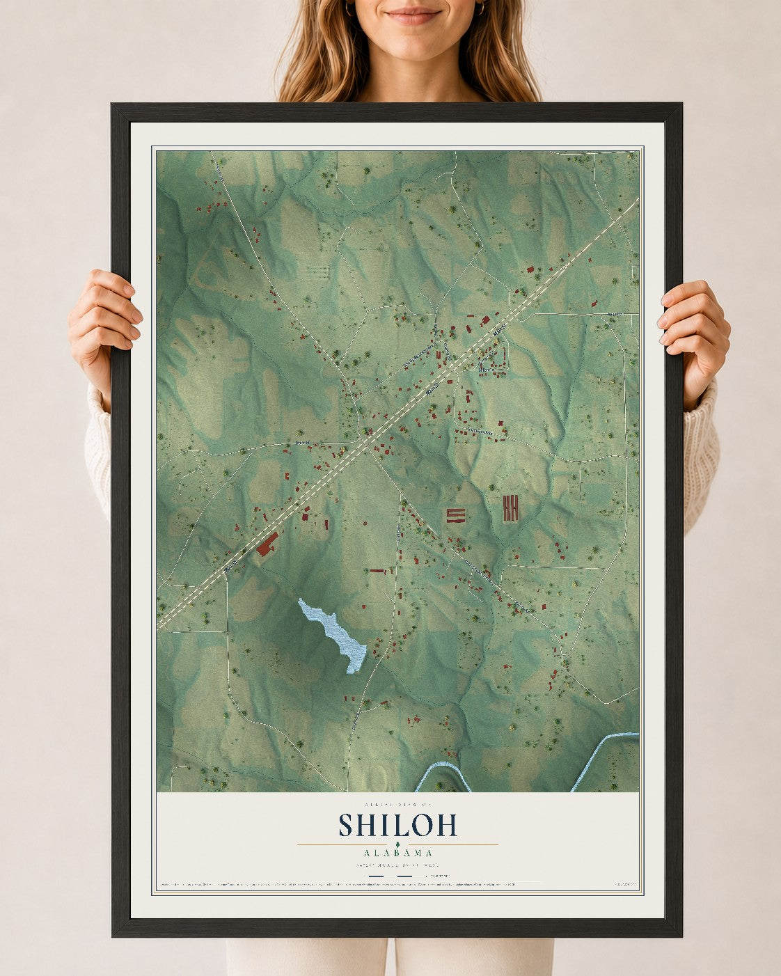 Map of Shiloh, Alabama, 24 x 36 inch print in a black wood frame