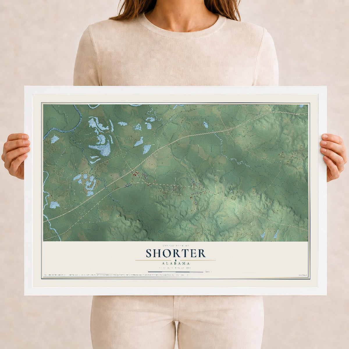 Map of Shorter, Alabama, 12 x 18 inch print in a white wood frame