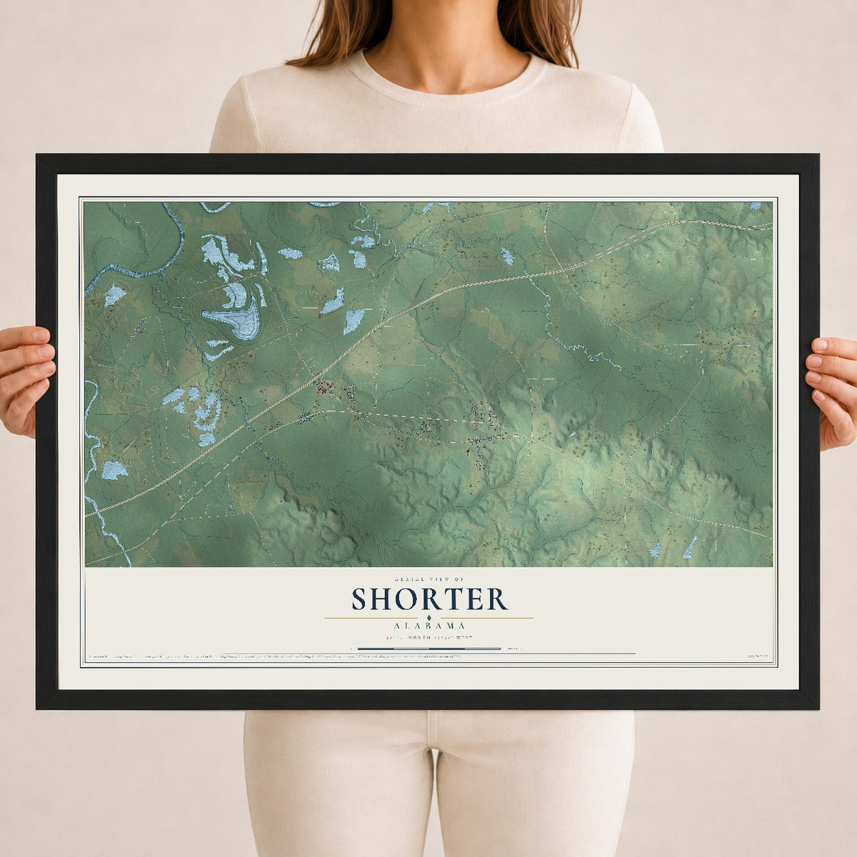 Map of Shorter, Alabama, 18 x 24 inch print in a black wood frame