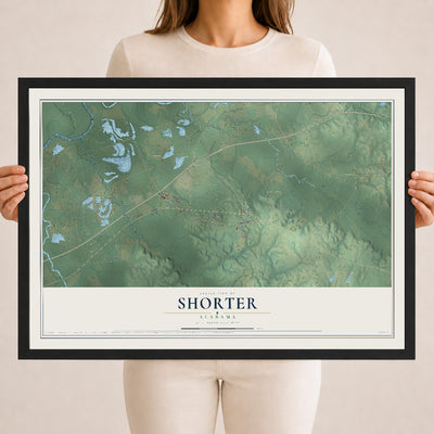 Map of Shorter, Alabama, 18 x 24 inch print in a black wood frame