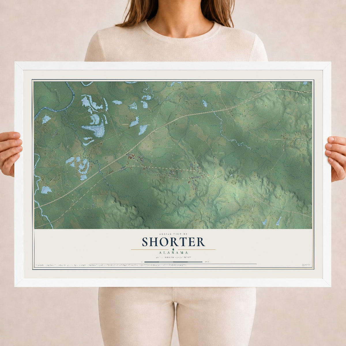 Map of Shorter, Alabama, 18 x 24 inch print in a white wood frame
