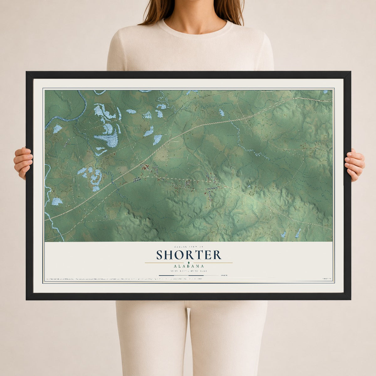Map of Shorter, Alabama, 24 x 36 inch print in a black wood frame