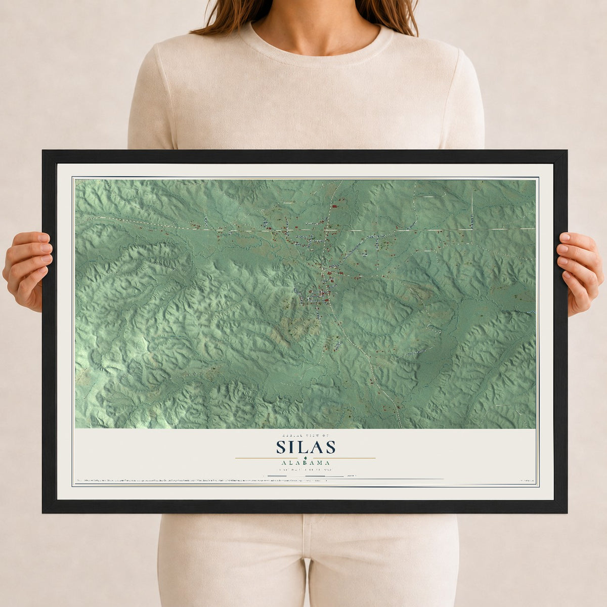 Map of Silas, Alabama, 12 x 18 inch print in a black wood frame