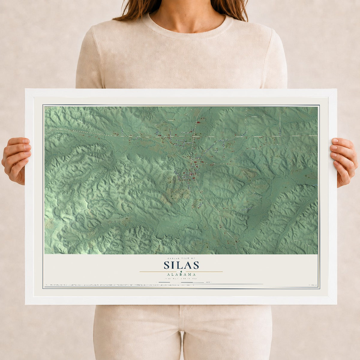 Map of Silas, Alabama, 12 x 18 inch print in a white wood frame