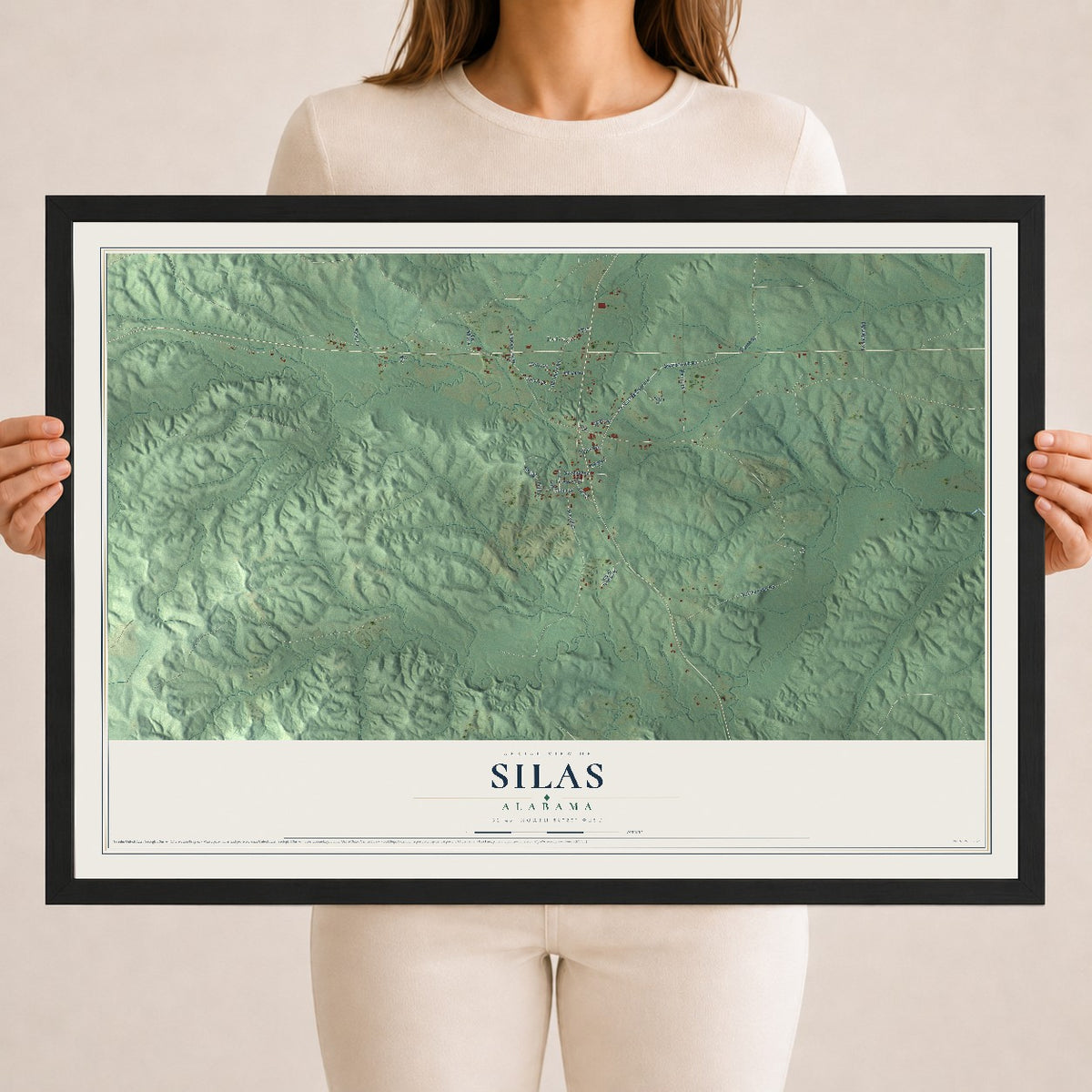 Map of Silas, Alabama, 18 x 24 inch print in a black wood frame