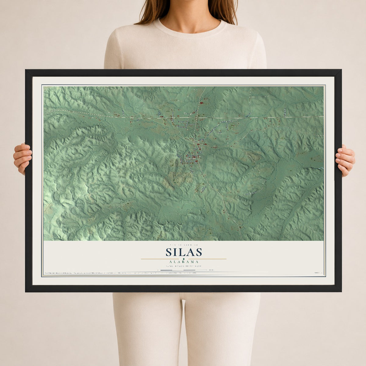 Map of Silas, Alabama, 24 x 36 inch print in a black wood frame