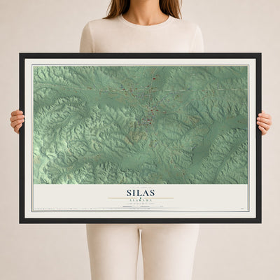 Map of Silas, Alabama, 24 x 36 inch print in a black wood frame