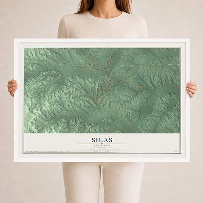 Map of Silas, Alabama, 24 x 36 inch print in a white wood frame