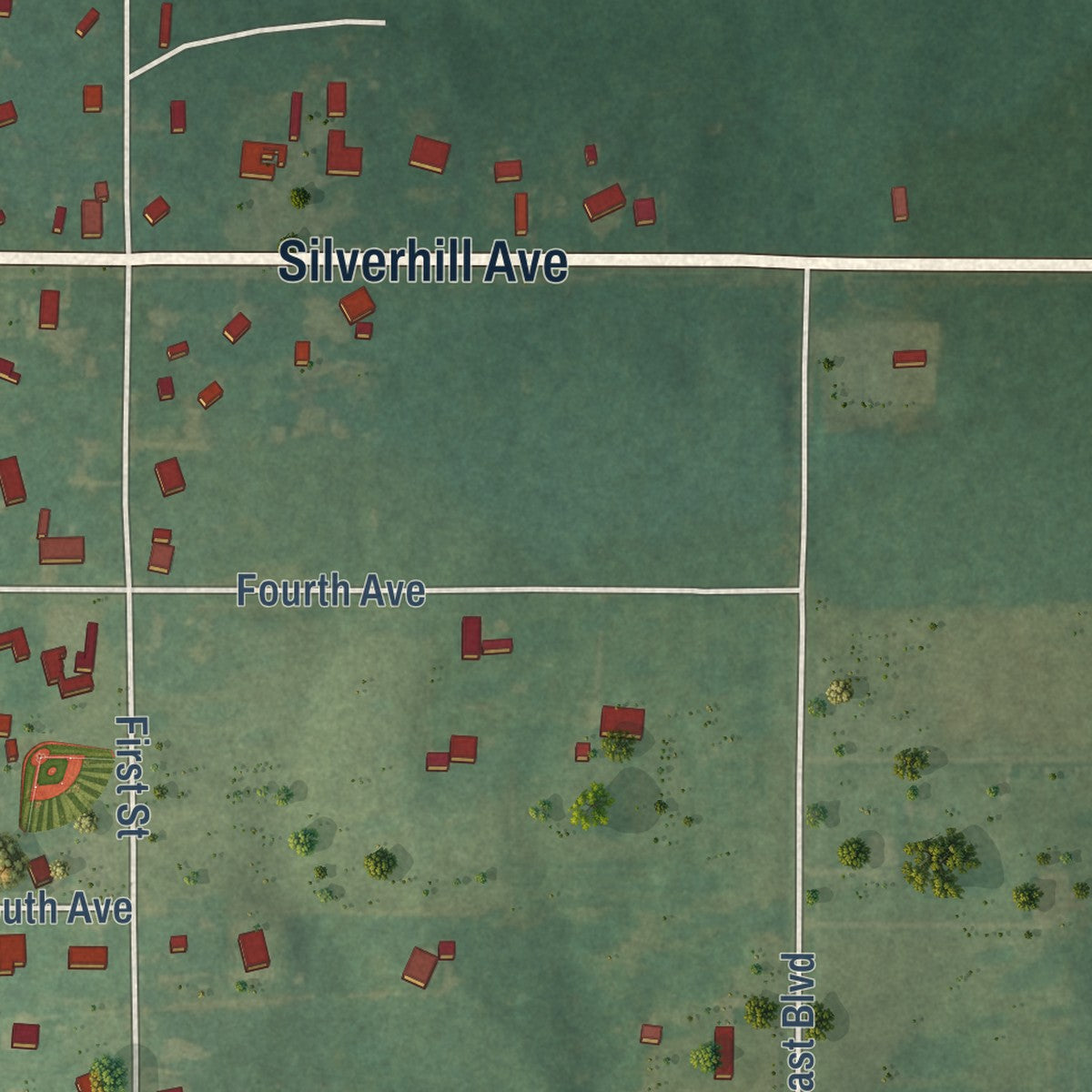 Second close-up of the map of Silverhill, Alabama print showing more streets and buildings