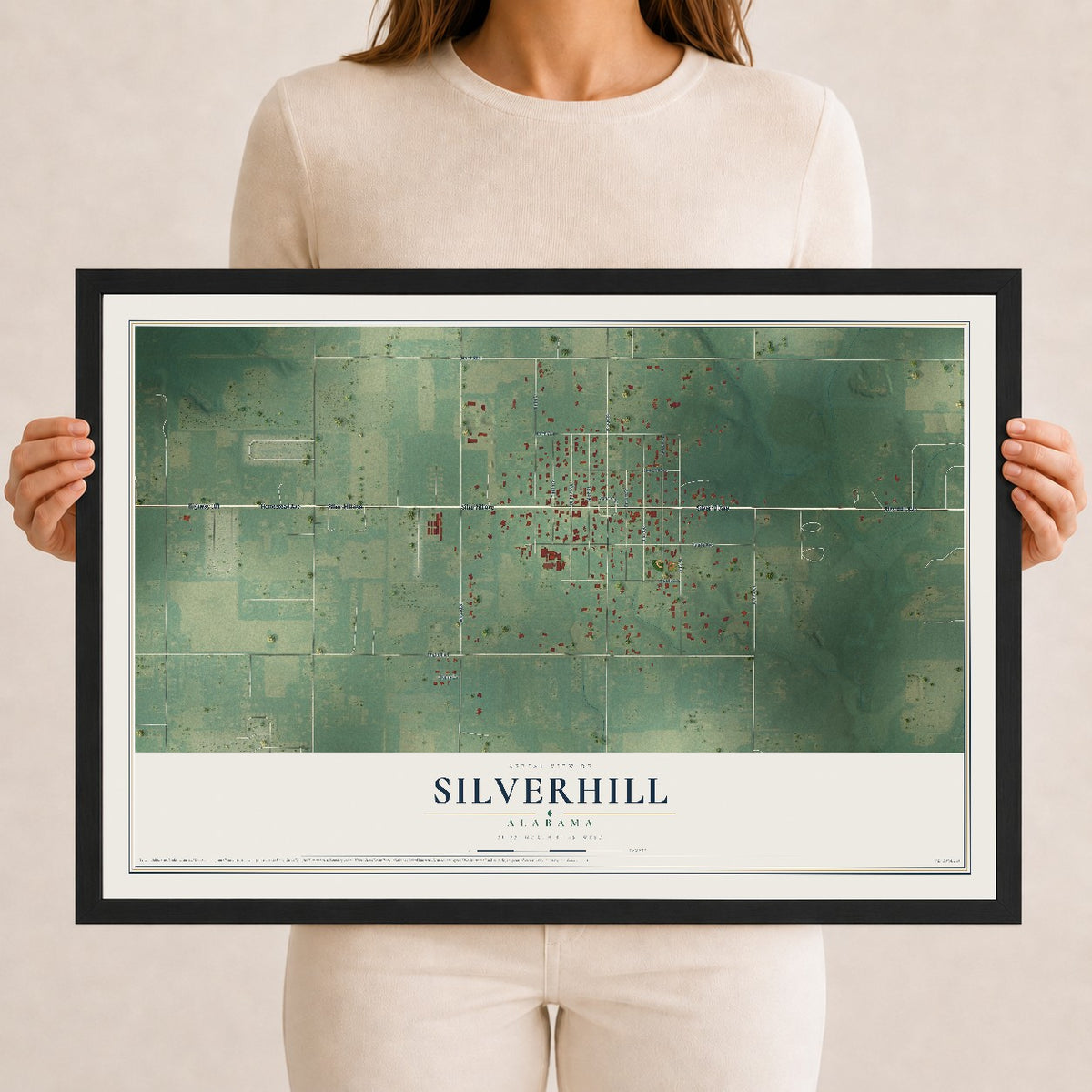 Map of Silverhill, Alabama, 12 x 18 inch print in a black wood frame