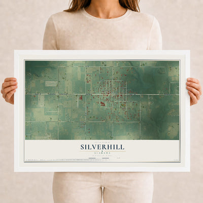 Map of Silverhill, Alabama, 12 x 18 inch print in a white wood frame