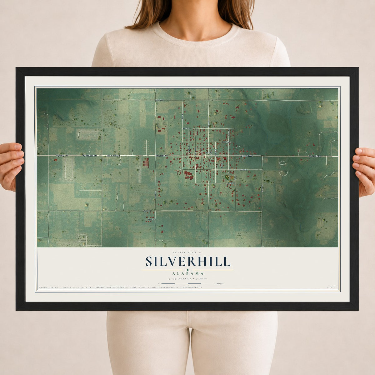 Map of Silverhill, Alabama, 18 x 24 inch print in a black wood frame
