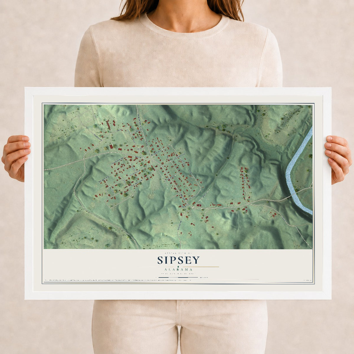 Map of Sipsey, Alabama, 12 x 18 inch print in a white wood frame