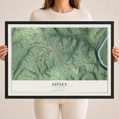 Map of Sipsey, Alabama, 18 x 24 inch print in a black wood frame