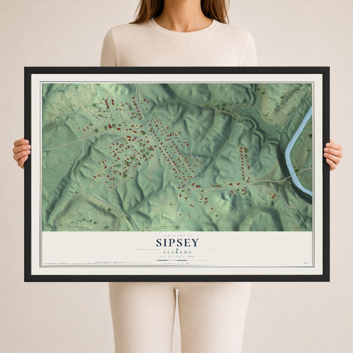 Map of Sipsey, Alabama, 24 x 36 inch print in a black wood frame