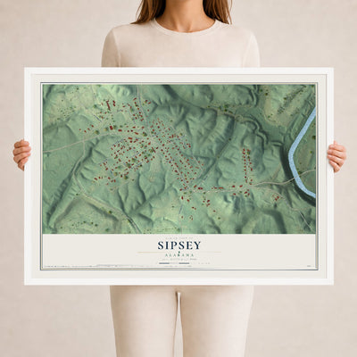 Map of Sipsey, Alabama, 24 x 36 inch print in a white wood frame